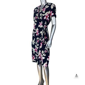 Adrianne Papell Safe Silk Navy Floral Faux Wrap Dress 10